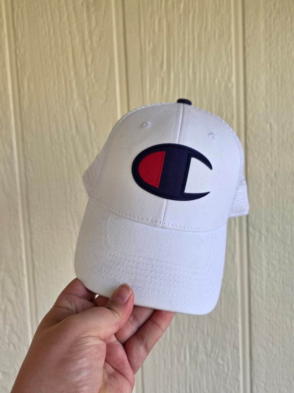 Champion White Trucker Hat with Navy & Red Logo, SIze OS